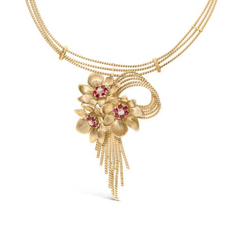 18K Gold Diamond & Ruby Floral Cascade Statement Necklace