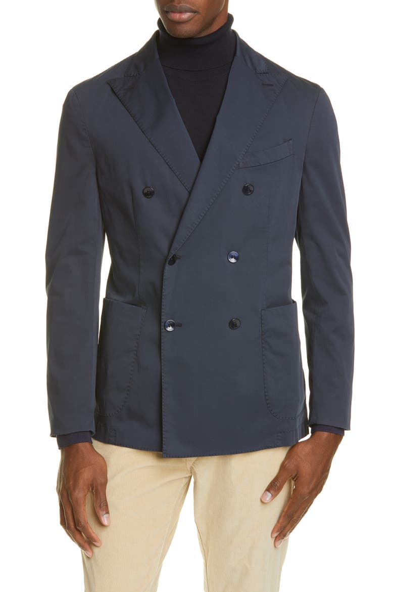 Trim Fit Double Breasted Solid Stretch Cotton Sport Coat, Main, color, NAVY