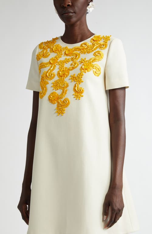 Carolina Herrera Embellished Bodice Stretch Virgin Wool Shift Dress In Ivory Multi