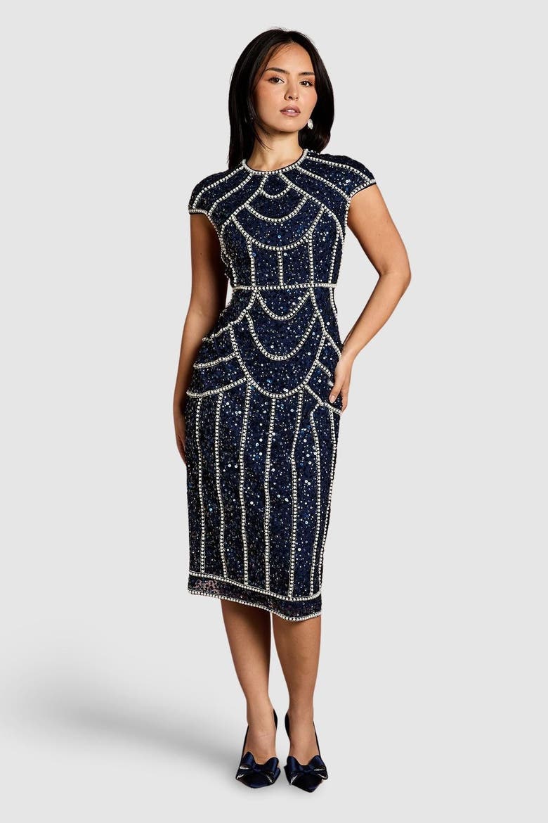 Petite Embellished Midi Dress, Main, color, Navy
