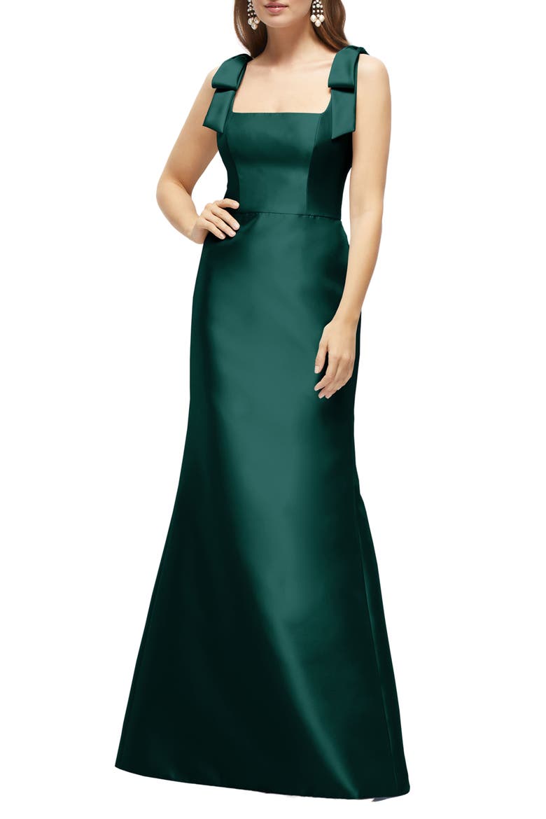 Bow Strap Satin Twill Trumpet Gown, Main, color, EVERGREEN