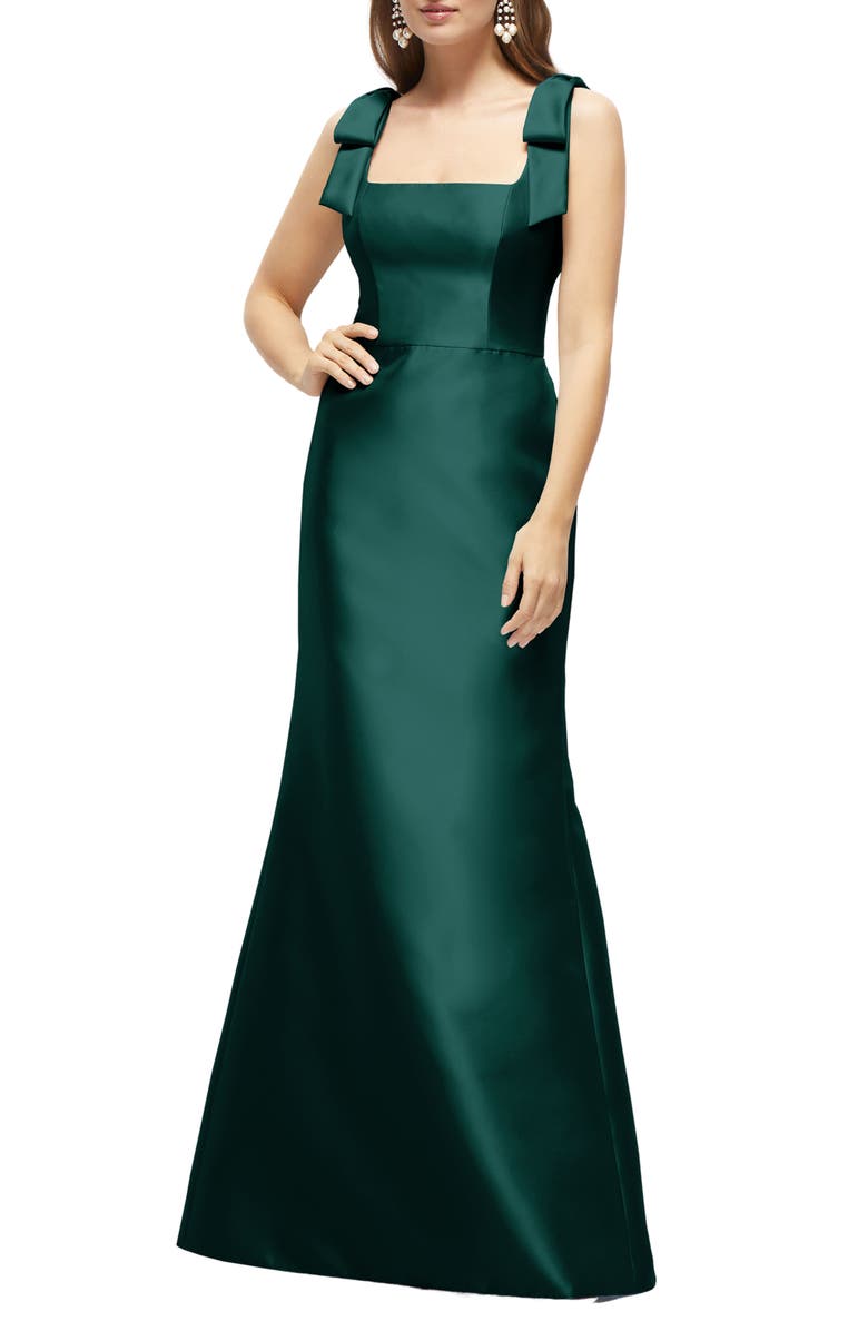 Alfred Sung Bow Strap Satin Twill Trumpet Gown, Main, color, Evergreen