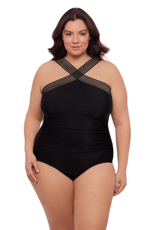 Plus Size Novelty Trim High Criss Cross Neck Full Coverage One-Piece Swimsuit