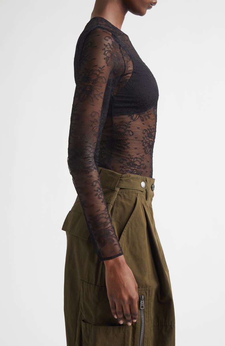 Dolce&Gabbana Long Sleeve Sheer Floral Lace Bodysuit, Alternate, color, Nero