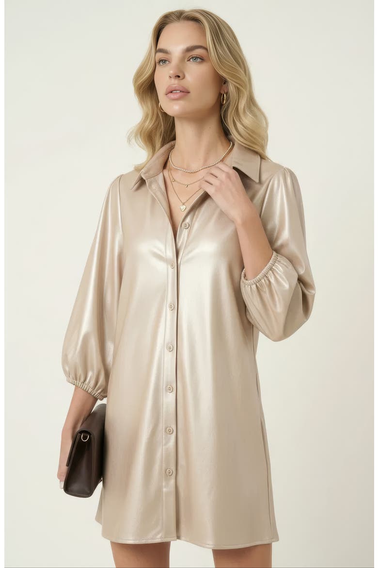 Satin Button-Up Shirt Dress with Puff Sleeves and Collar, Alternate, color, Champagne