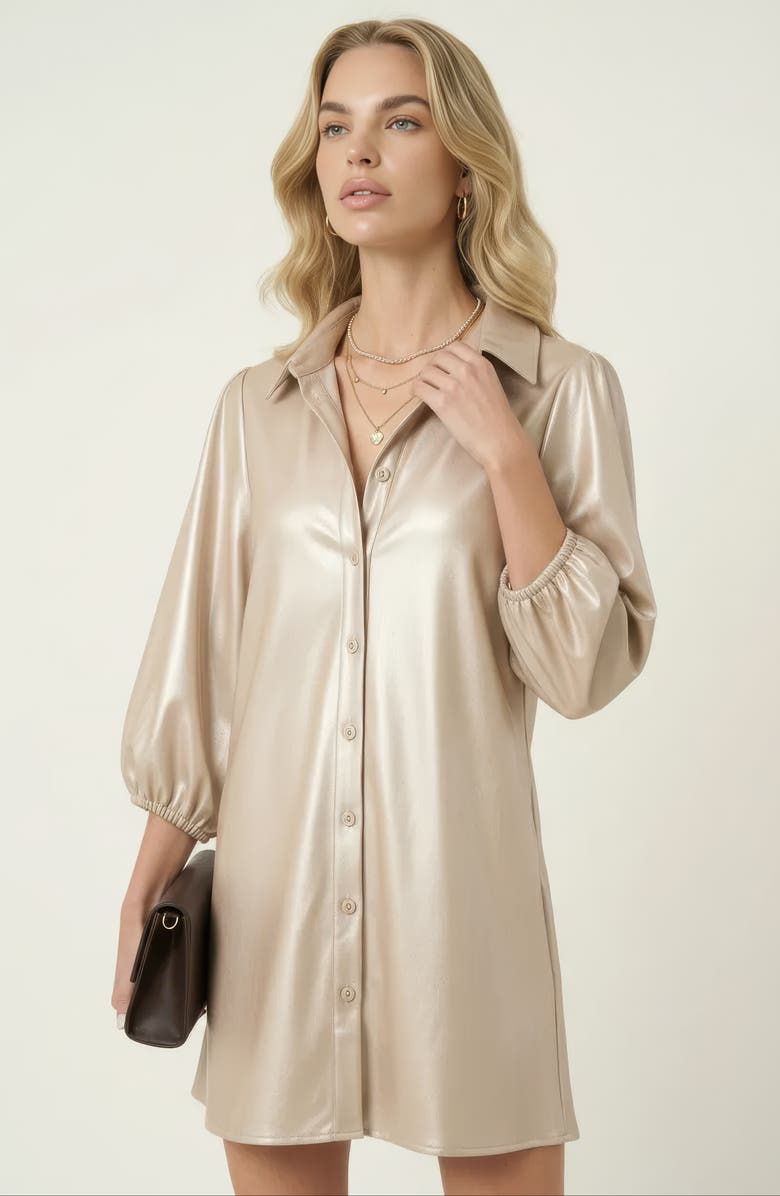 Modenaire Satin Button-Up Shirt Dress with Puff Sleeves and Collar, Alternate, color, Champagne