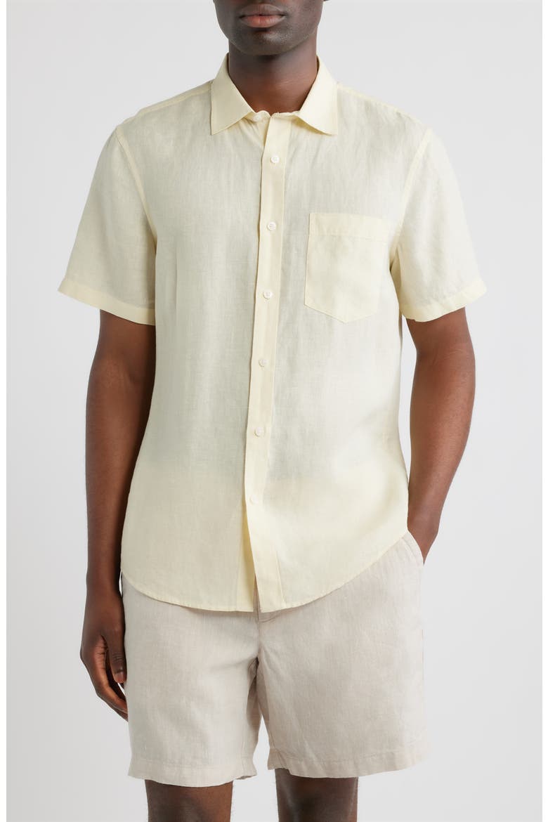 Solid Short Sleeve Linen Button-Up Shirt, Main, color, YELLOW PALE
