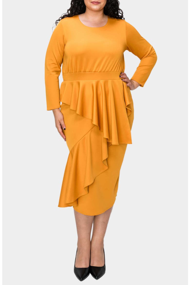 Alexandra Ruffle Bracelet Sleeve Body-Con Dress, Main, color, MUSTARD