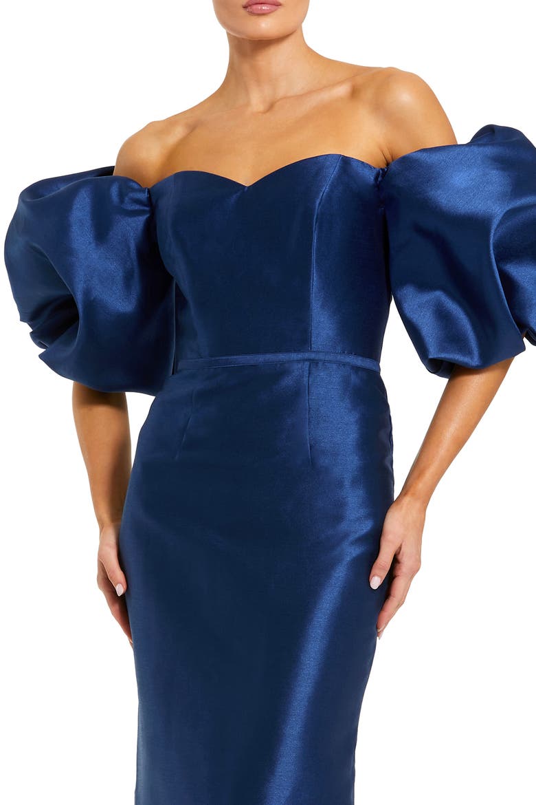 Off The Shoulder Puff Sleeve Satin Evening Gown, Alternate, color, Blue