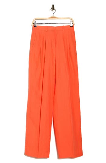 Theory Double Pleat Linen Pants In Bright Coral