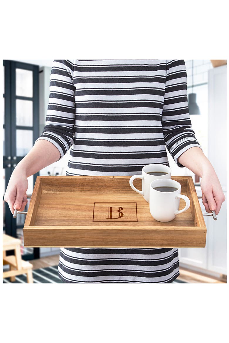 Monogram Acacia Tray with Metal Handles, Alternate, color, P
