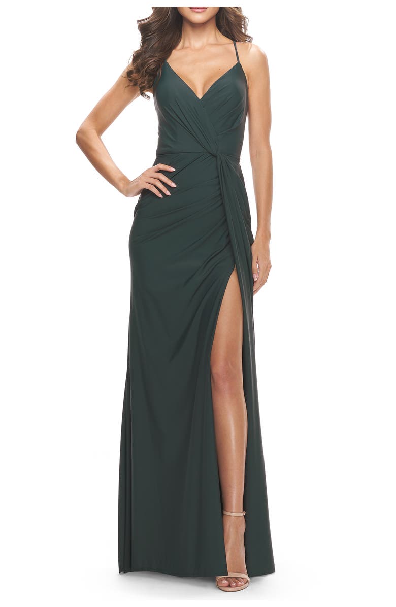 La Femme Soft Jersey Dress with Knot Waist and Lace Up Back, Alternate, color, Dark Emerald