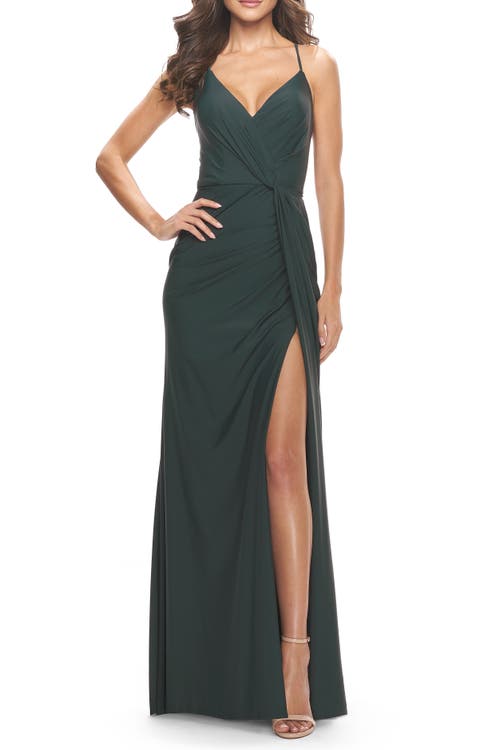 La Femme Soft Jersey Dress With Knot Waist And Lace Up Back