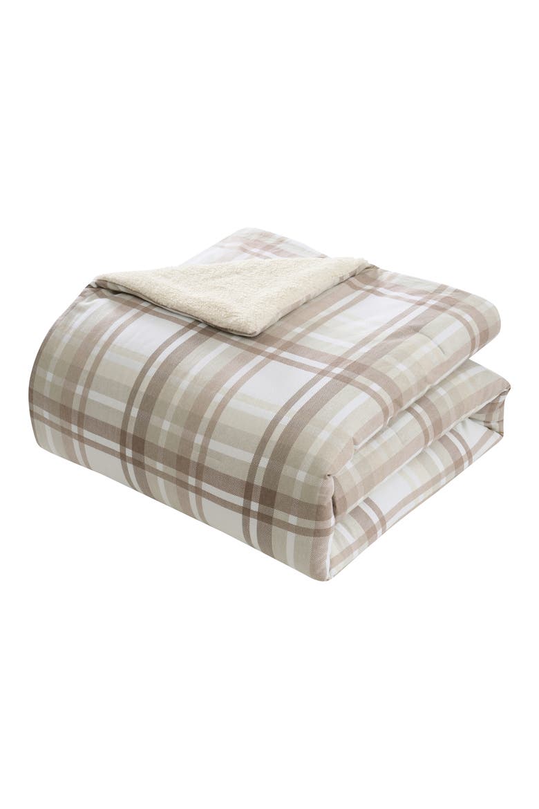 Plaid Flannel & Faux Shearling 3-Piece Comforter & Shams Set, Alternate, color, TAUPE