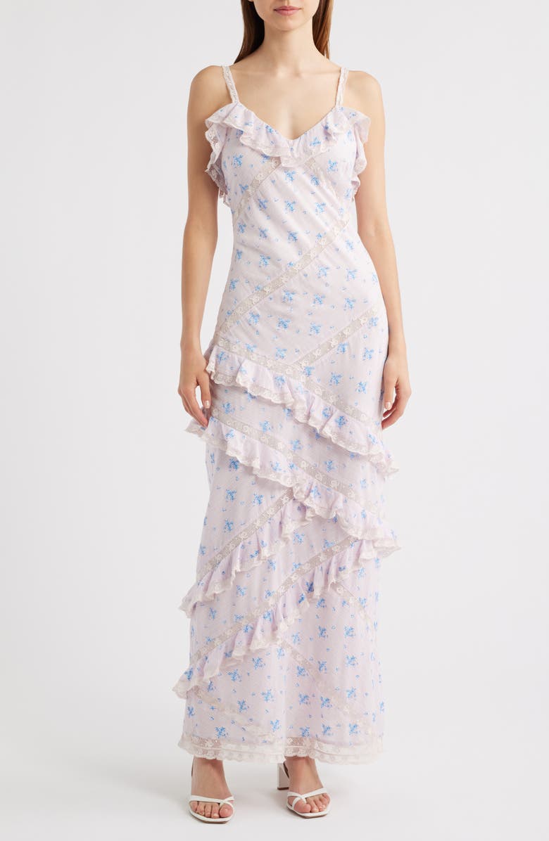 LoveShackFancy Nocelle Ruffle Sleeveless Dress, Main, color, Lilac Tide