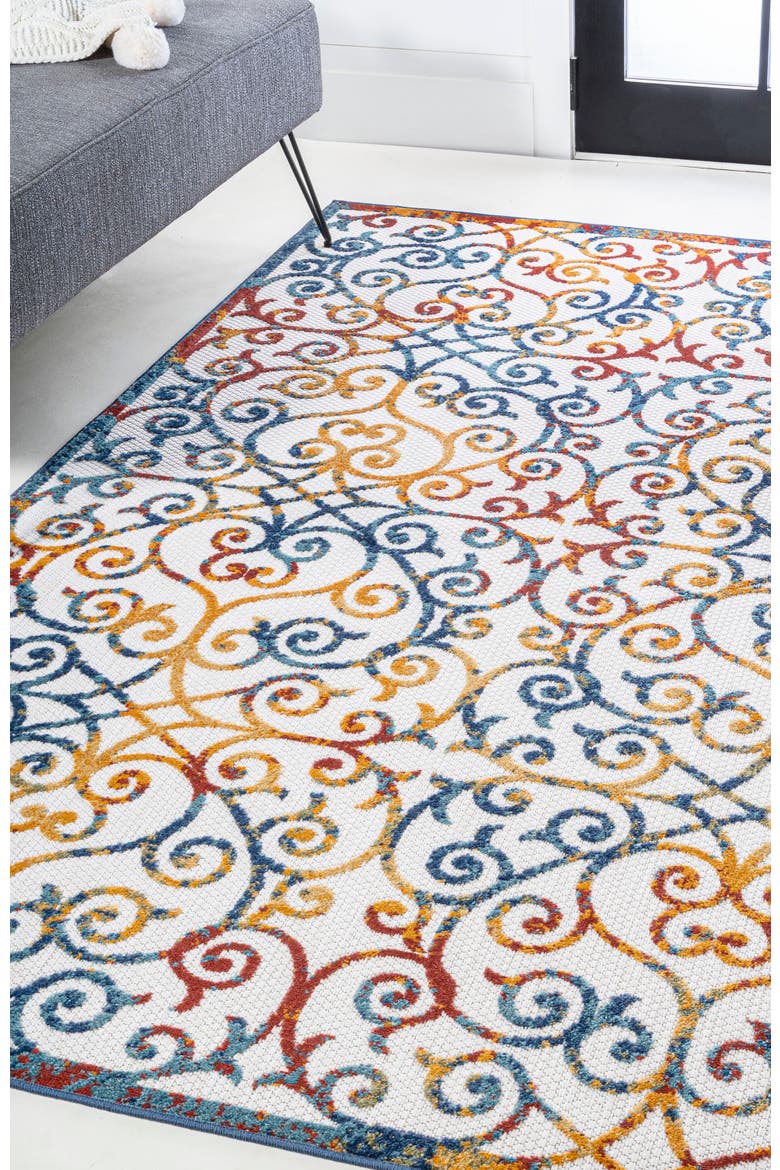 Atrani Scroll Trellis Indoor/Outdoor Area Rug, Alternate, color, Cream/Blue/Red