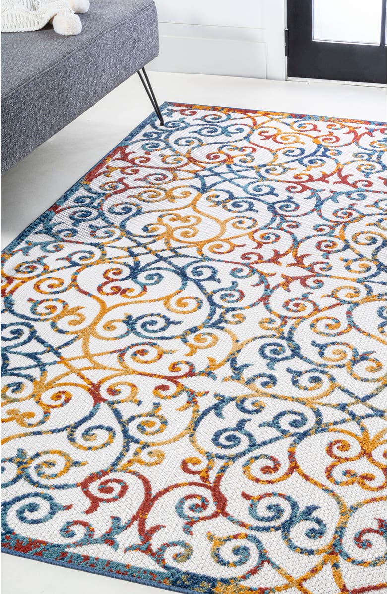 JONATHAN Y Atrani Scroll Trellis Indoor/Outdoor Area Rug, Alternate, color, Cream/Blue/Red