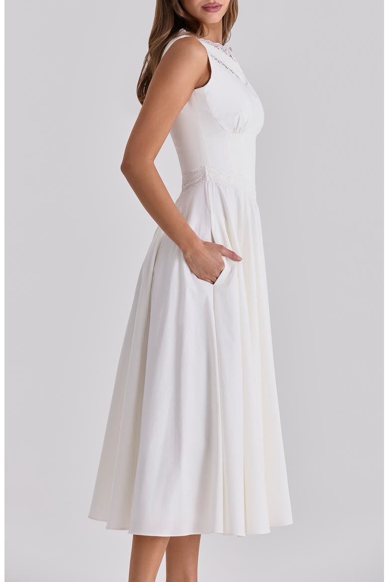 Scarlett Lace Trim Stretch Cotton Midi Cocktail Dress, Alternate, color, WHITE