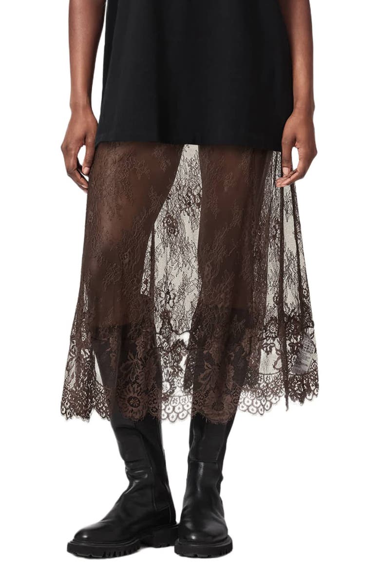 AllSaints Arran Sheer Lace Maxi Skirt, Main, color, Bitter Brown