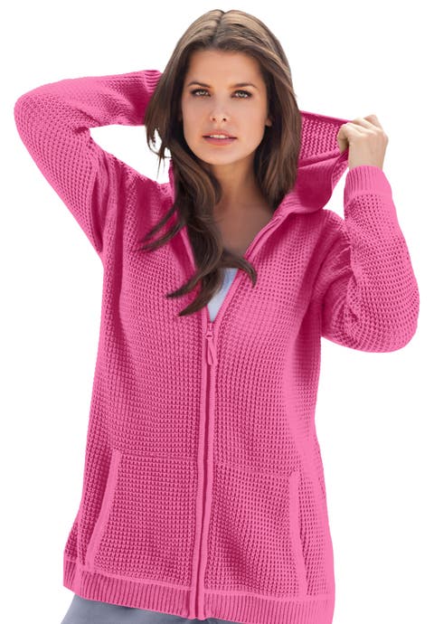 Plus Size Waffle Knit Zip-Front Relaxed Hoodie (Plus)