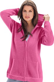 Roaman's Plus Size Waffle Knit Zip Front Relaxed Hoodie