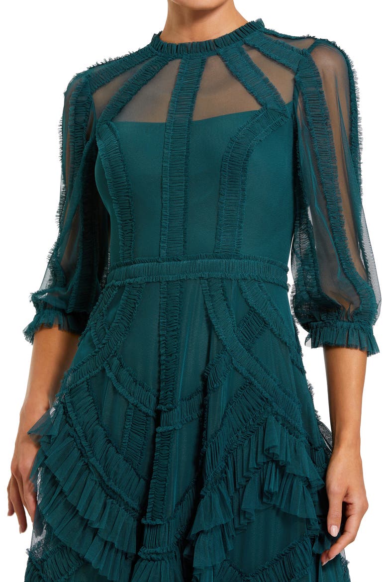 Women's 3/4 Sleeve Tiered Ruffle Mesh Gown, Alternate, color, Teal