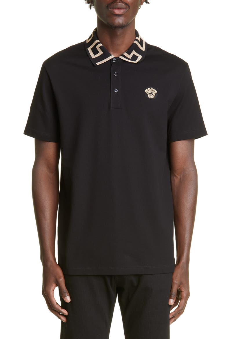 Greco Collar Cotton Piqué Polo, Main, color, BLACK