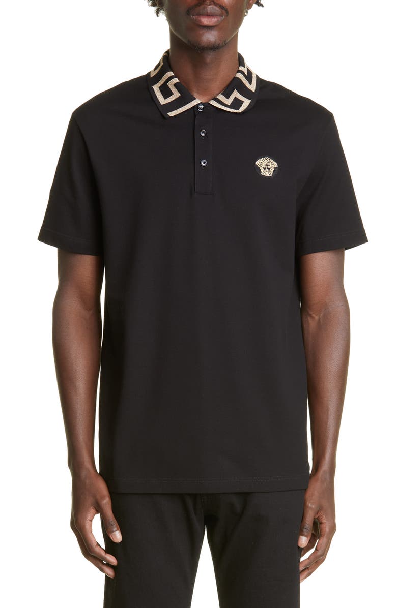 Versace Greco Collar Cotton Piqué Polo, Main, color, Black