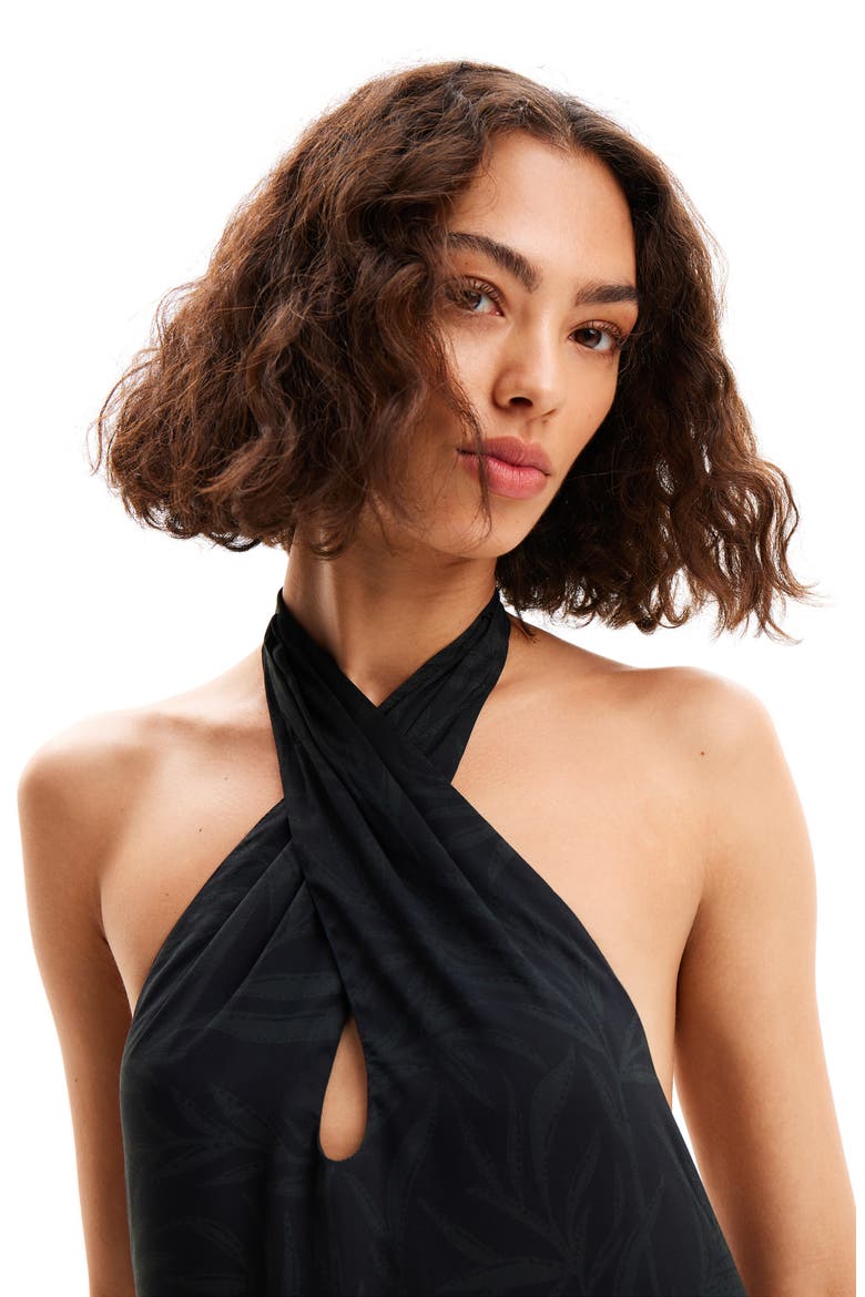 Jungle Design Halter Neck Maxi Dress, Alternate, color, BLACK