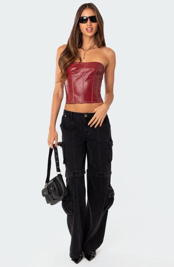 Moss Lace-Up Strapless Faux Leather Corset Top