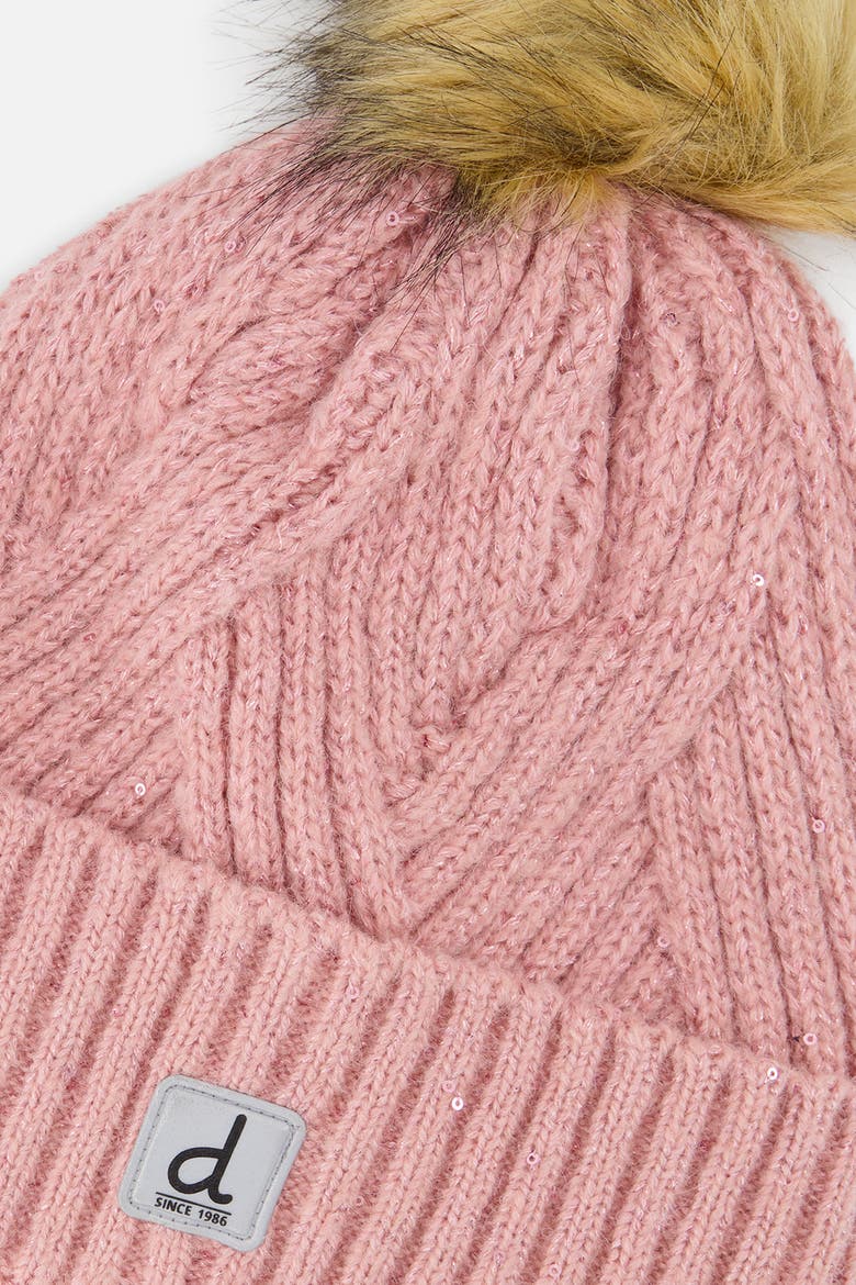 Chevron Fleece Lined Faux Fur Pompom Winter Knit Hat, Alternate, color, Pale Dusty Pink
