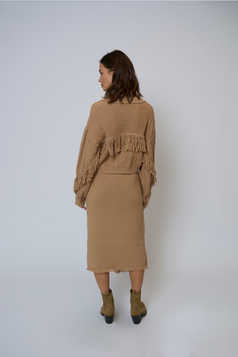 Elyse Fringe Assymetrical Midi Skirt, Alternate, color, CAMEL