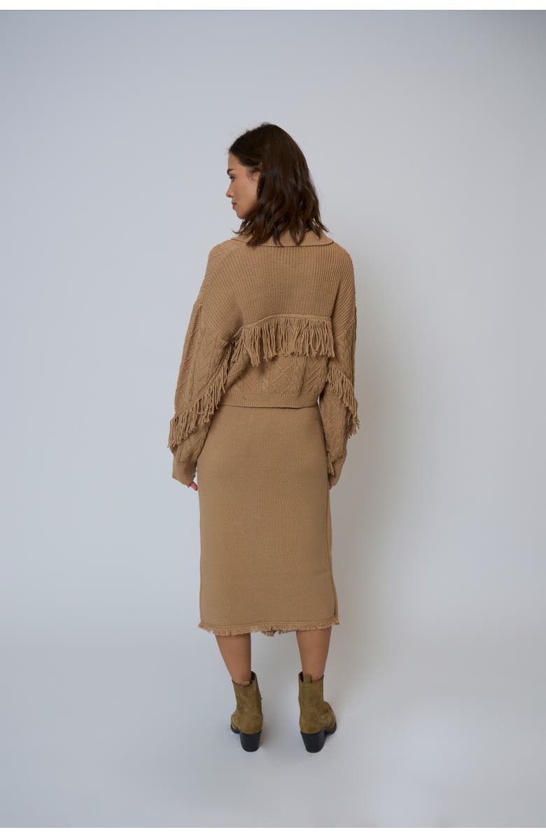 Central Park West Elyse Fringe Assymetrical Midi Skirt, Alternate, color, Camel