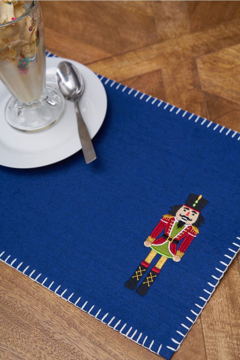 Christmas Solid Blue Nutcracker Felt Rectangle Set of 6 Placemats 12" x 18", Alternate, color, Blue