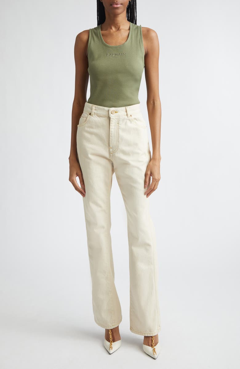 Balmain Paris Logo Embroidered Cotton Jersey Tank, Alternate, color, Uiy Green/ Multi