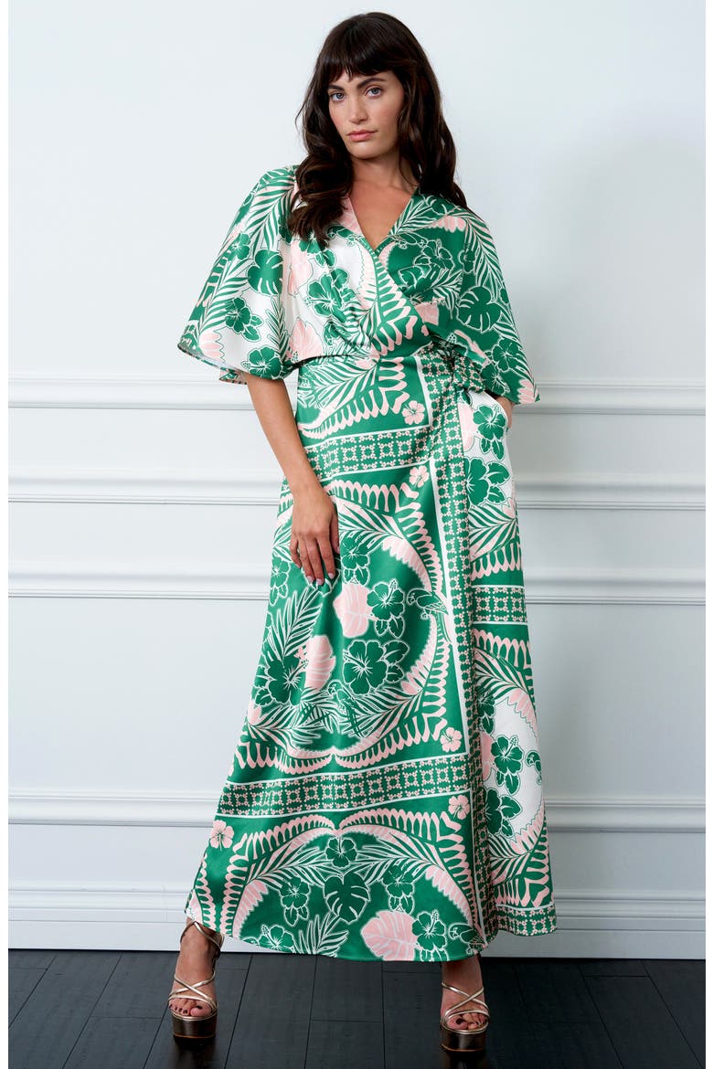 Cloudine Tropical Print Maxi Wrap Dress, Alternate, color, GREEN/ ORANGE
