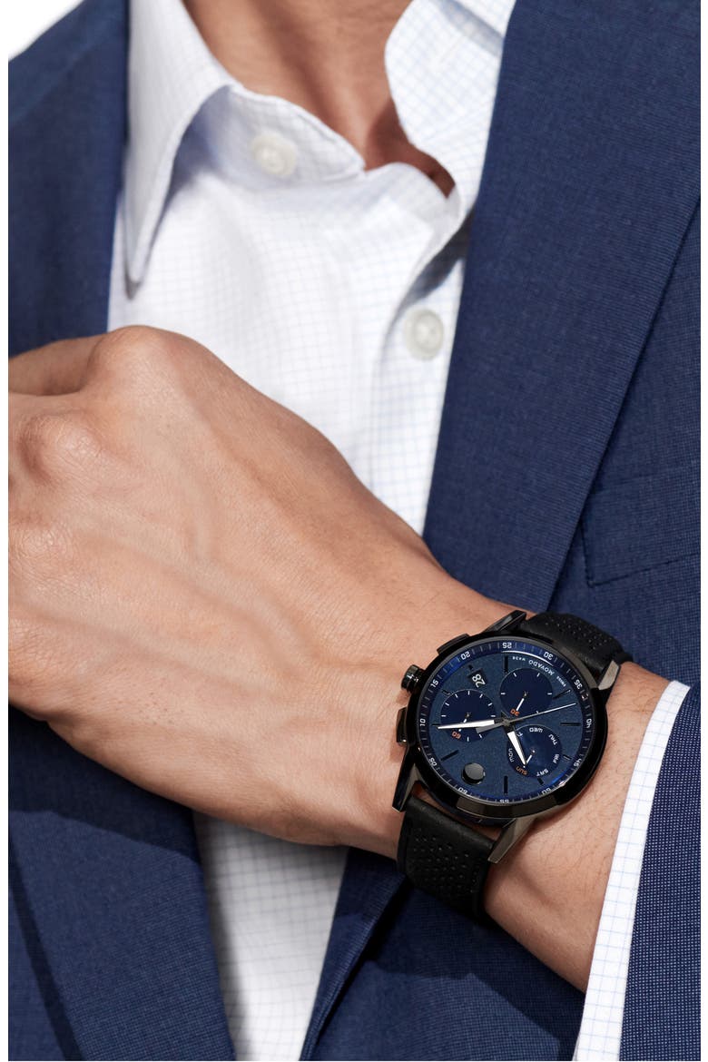 Museum Chronograph Leather Strap Watch, 43mm, Alternate, color, BLUE DIAL