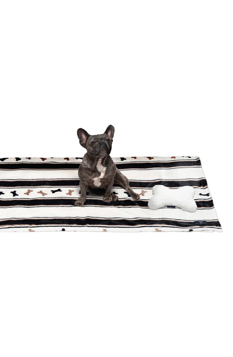 French Connection Pet Plush Throw & Faux Shearling Bone Pillow 2-Piece Set, Alternate, color, Black/White/Tan
