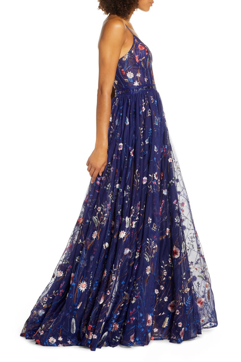 Embroidered Mesh Bustier Gown, Alternate, color, INDIGO
