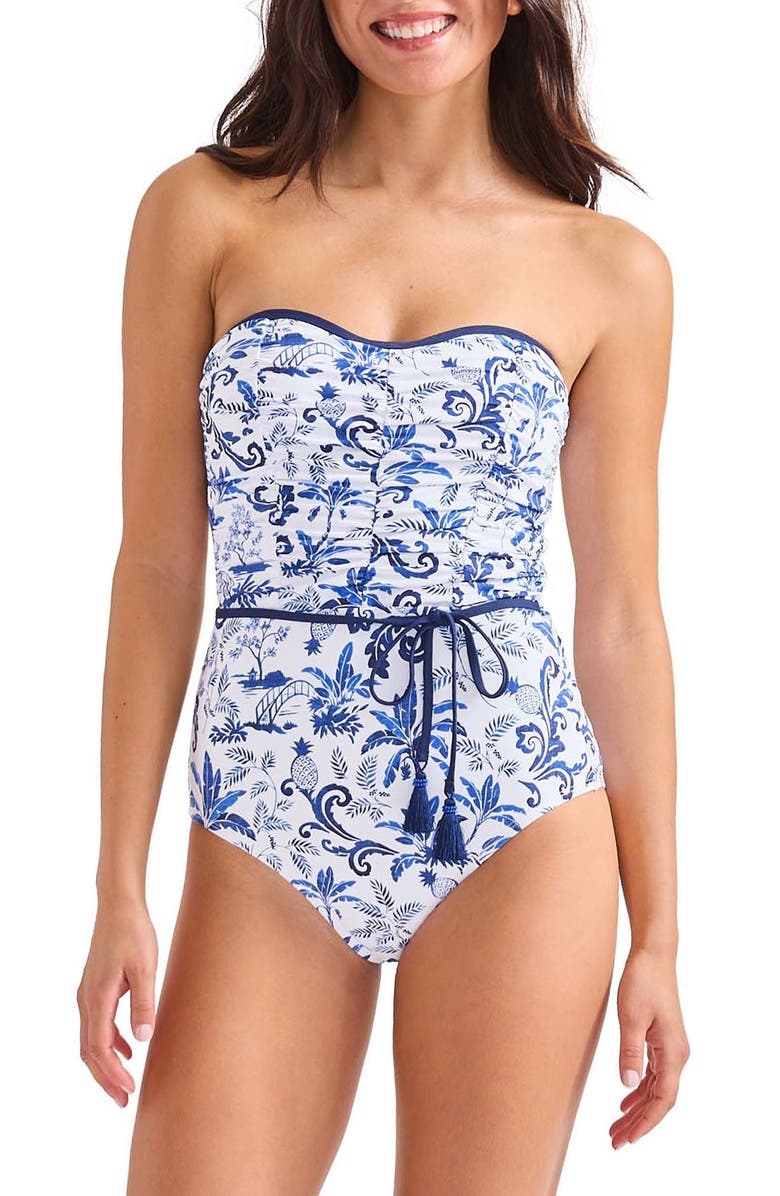 Tommy Bahama Terrazon Tile Strapless One-Piece Swimsuit, Main, color, Mountain Bluebell