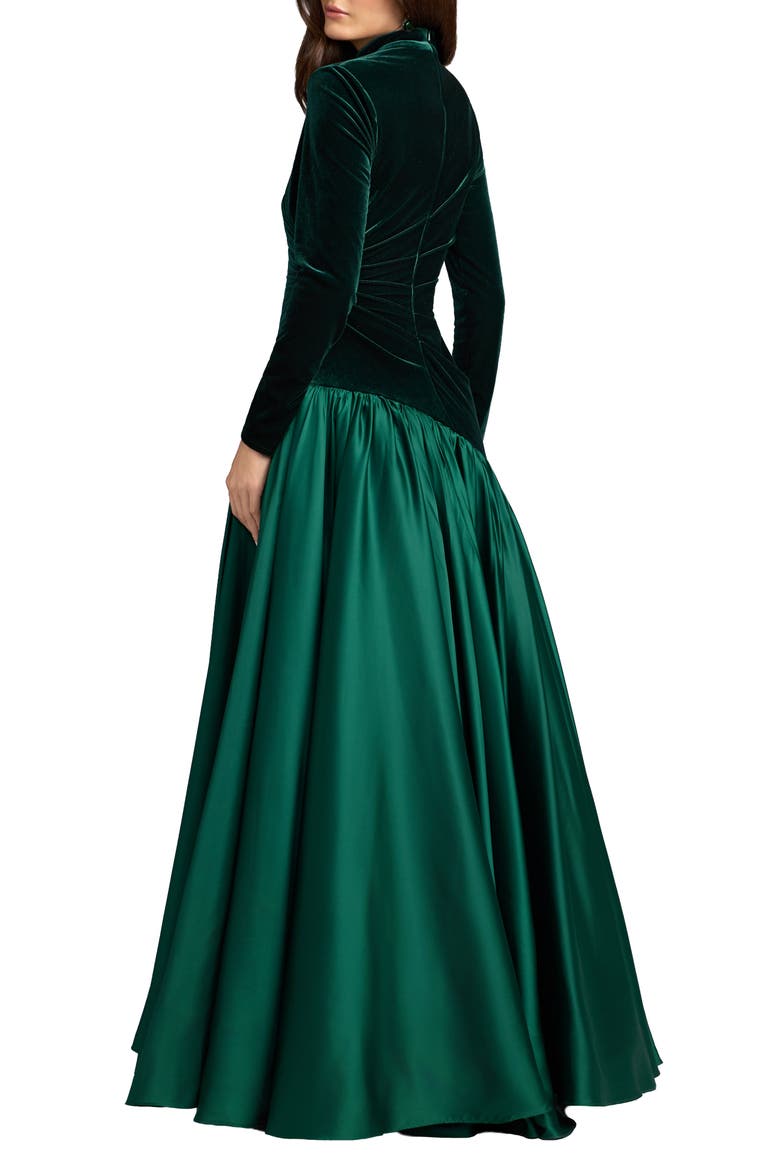 Velvet Long Sleeve Mock Neck Charmeuse Skirt Gown, Alternate, color, Emerald