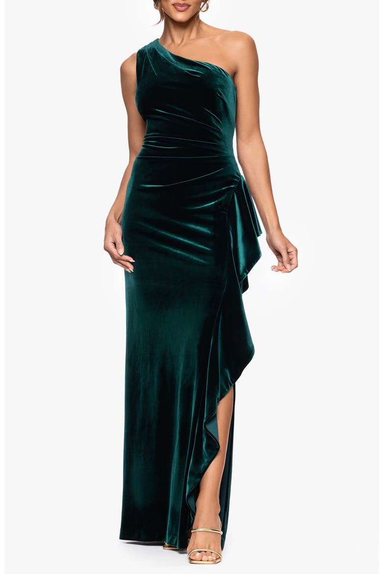 One-Shoulder Ruffle Stretch Velvet Gown, Main, color, HUNTER
