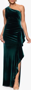 Xscape Evenings One-Shoulder Ruffle Stretch Velvet Gown