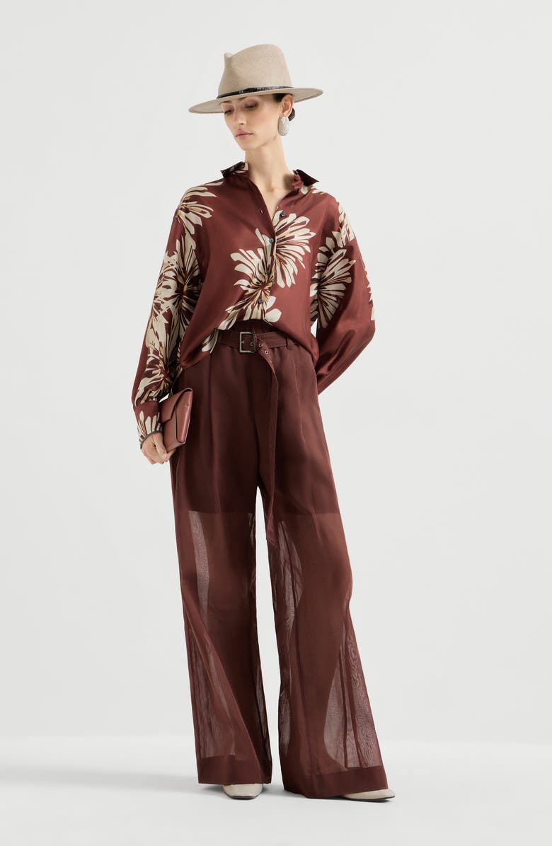 Brunello Cucinelli Bloom print pongee shirt, Alternate, color, Bordeaux