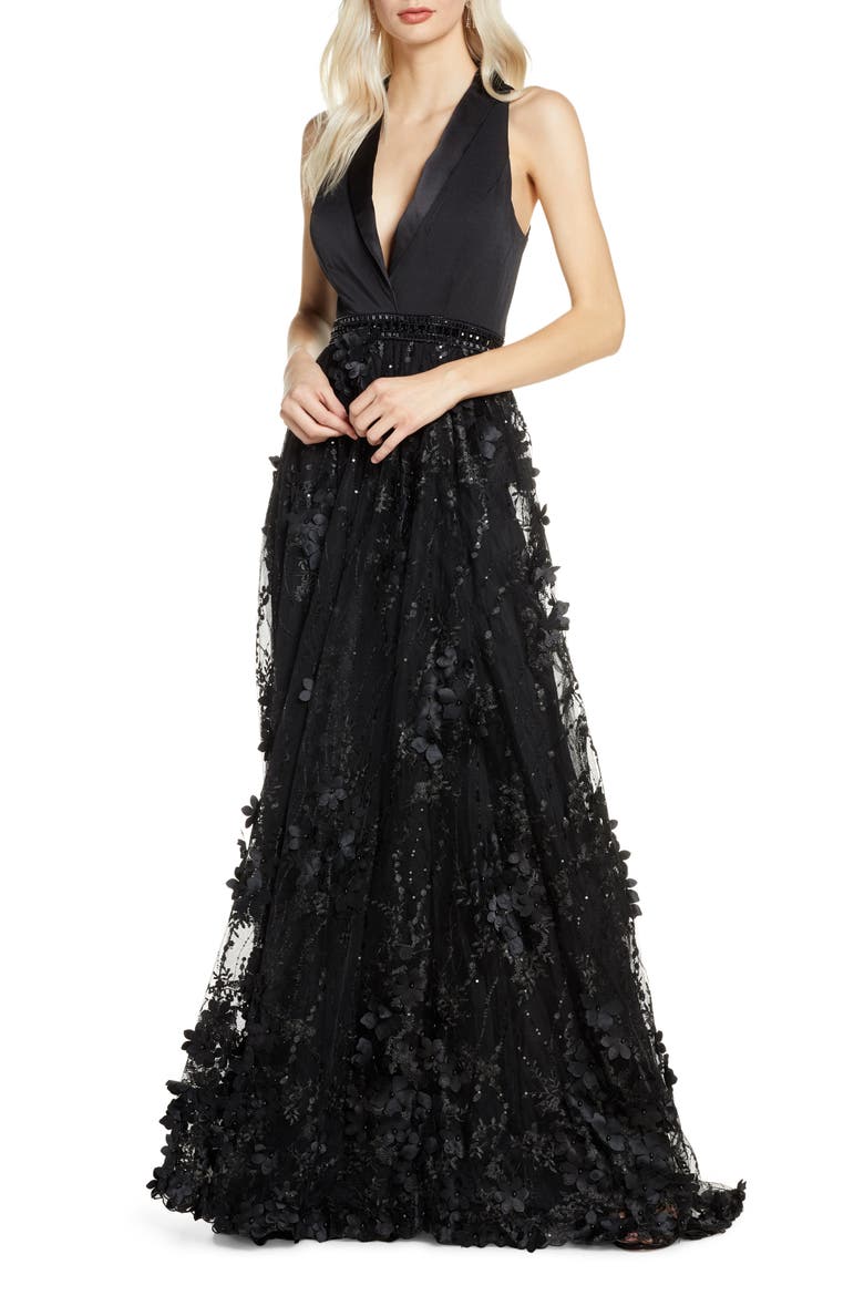 Tuxedo Lapel Floral Embellished Gown, Main, color, BLACK