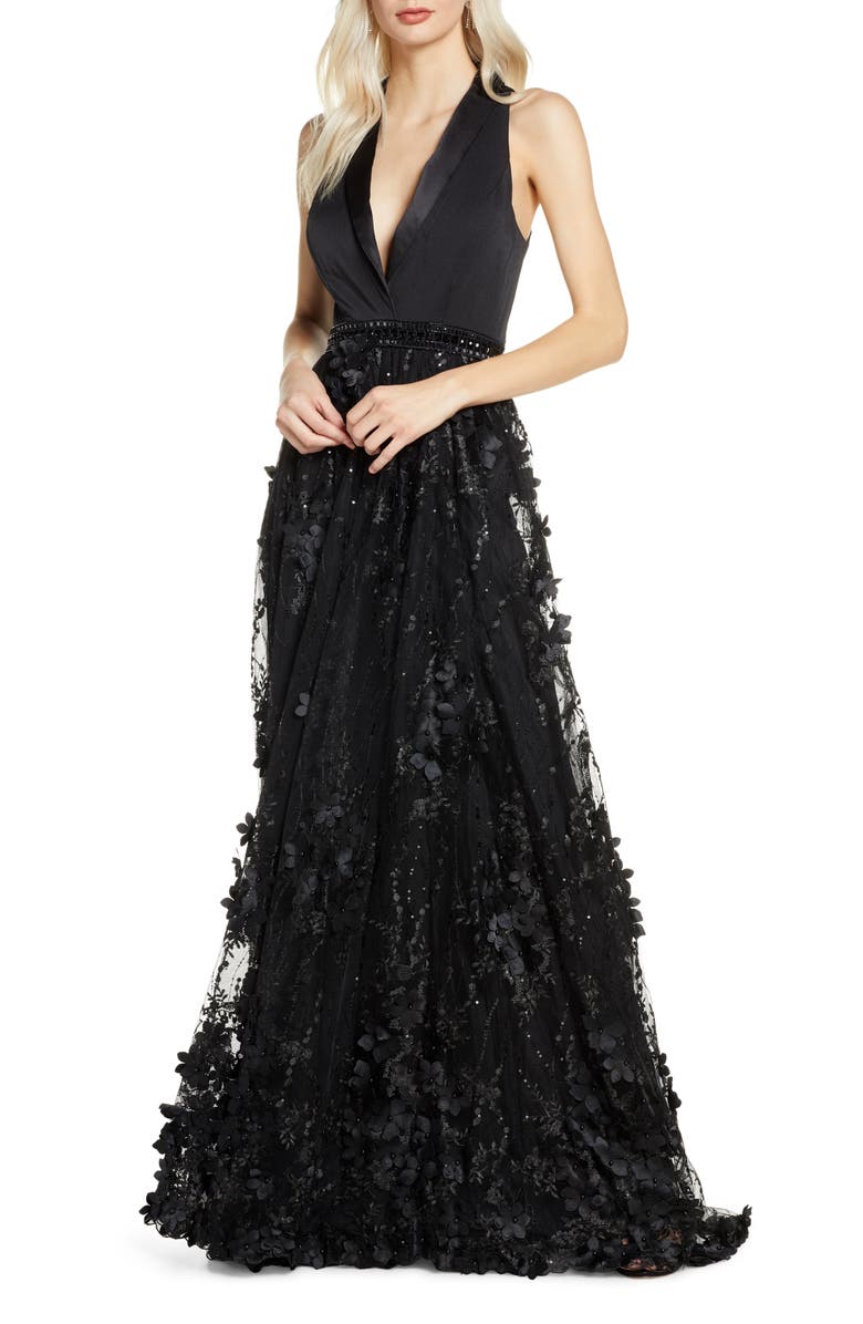Mac Duggal Tuxedo Lapel Floral Embellished Gown, Main, color,