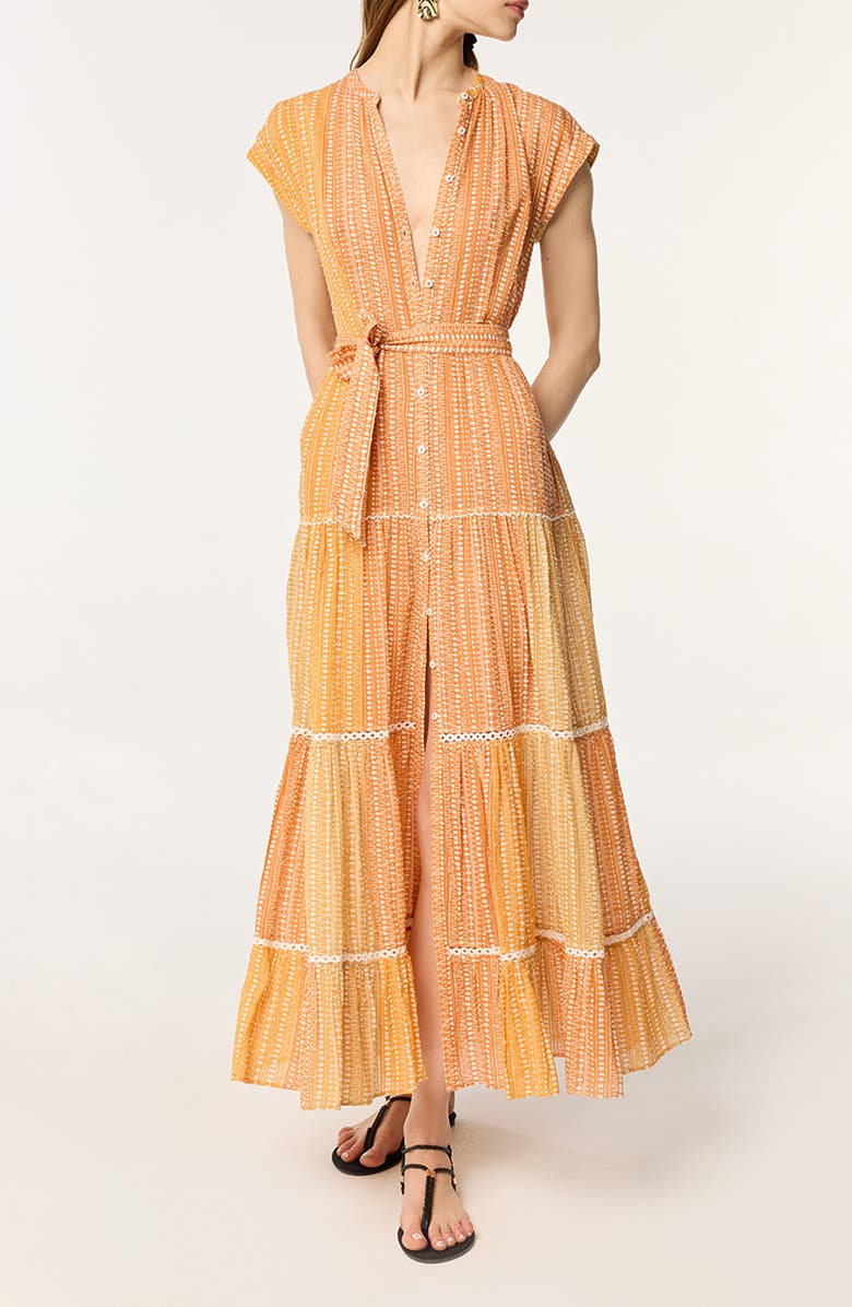 Poupette St Barth Kora Stripe Tie Waist Tiered Cover-Up Maxi Dress, Main, color,