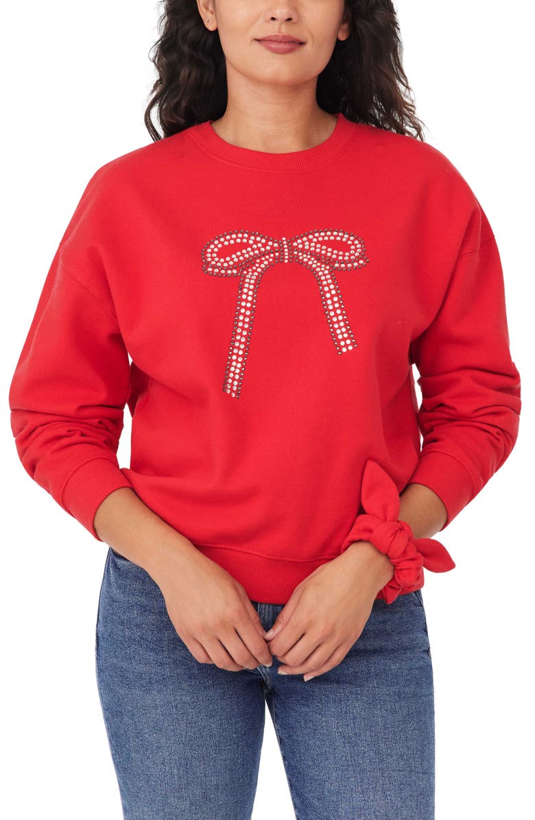 Kensie Bow Embellished Sweatshirt & Scrunchie Set, Main, color, Crimson Bow
