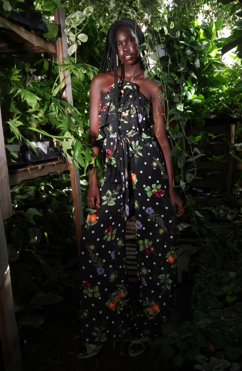 Avec Les Filles Rose Halter Neck Jumpsuit, Alternate, color, Black Scattered Botanical