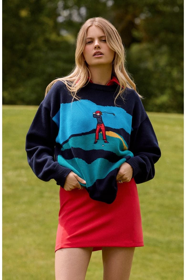Golf Scene Sweater, Alternate, color, Blue